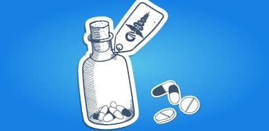 Pill bottle white pill bottle with pills and blue background